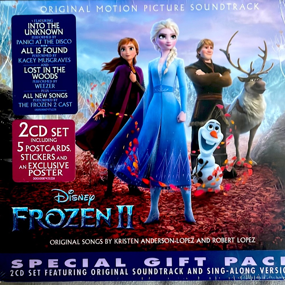 Frozen II Special Gift Pack 2 CD Set Soundtrack-5 Post Cards, Stickers & Poster